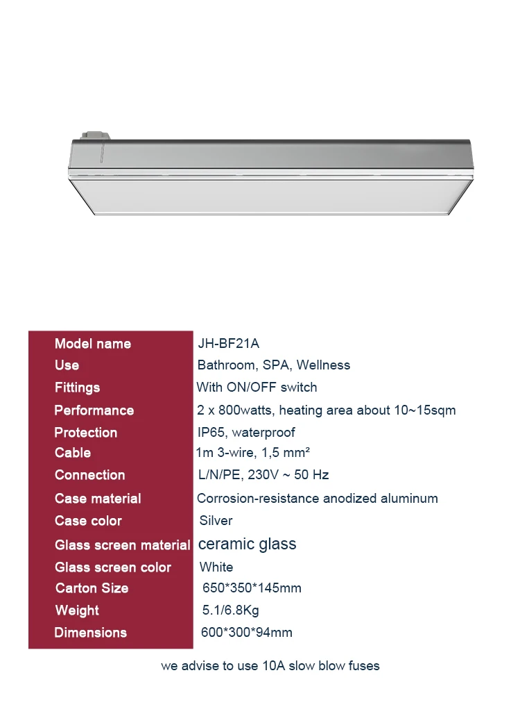 JHHeater Bathroom SPA Glass Heater with 1600W carbon fiber element 5 seconds fasting heating performance glimmer light