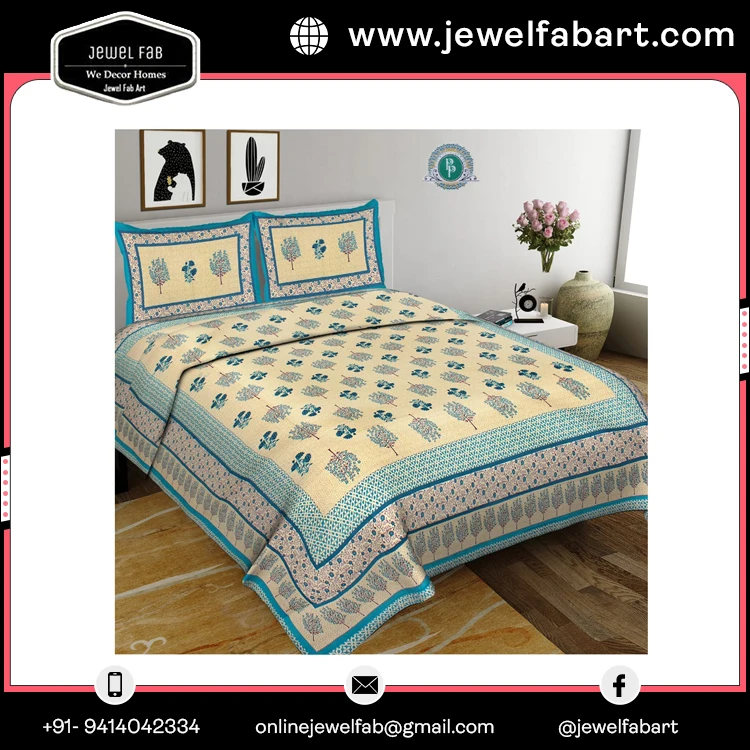 High Quality Printed bedsheet 100% Cotton Bedsheets Bedding Set Jaipuri Print Bed Sheet Cotton with two pillow covers