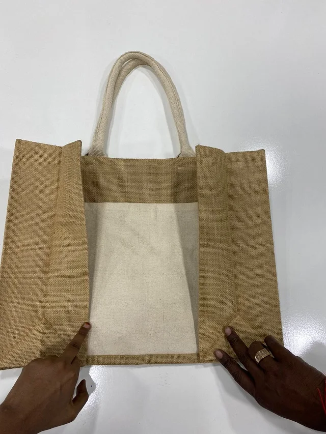 Jute shopper Bag heat transfer print with outer pocket designs sizes Colors Printing packing styles manufacturer and wholesales.
