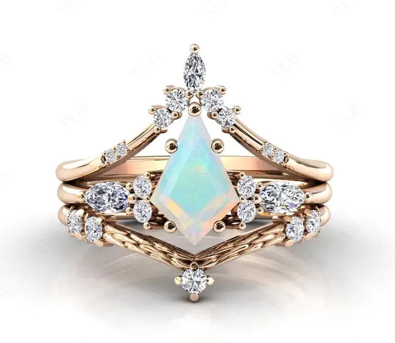 925 Sterling Silver Natural Ethiopian Opal Kite Cut Prong Setting Engagement Band Ring set for Wedding Gift Party-Set