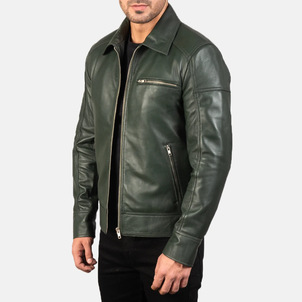 Real Leather Sheepskin Aniline Zipper Lavendard Green Men Biker Jacket with Quilted Viscose Lining and Inside Outside Pockets
