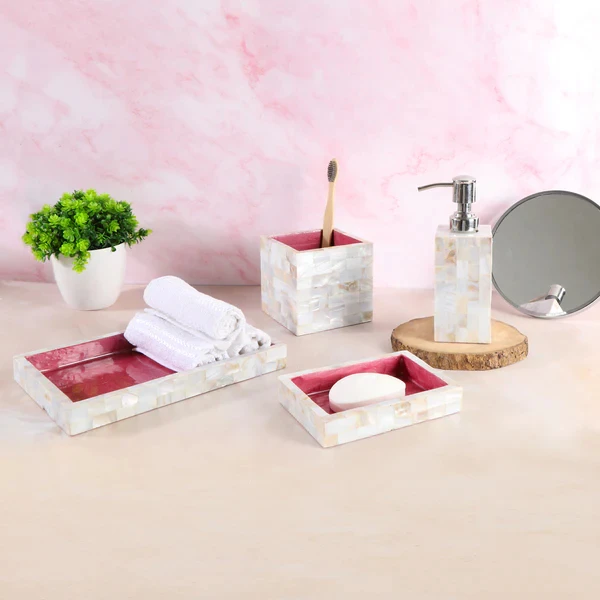 Elegant Dark Pink Mother of Pearl Bathroom Set Luxury High-Demand New Product Marble Hardware for Shower Decorate