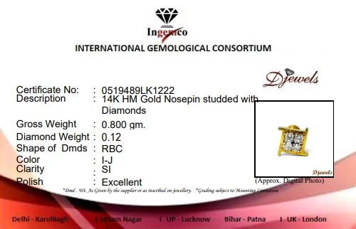New Year Gift Diamond Nosepin in India IGI & INGEMCO Certified Diamond Nose Pin Yellow Gold Nose Pin at Wholesale Price