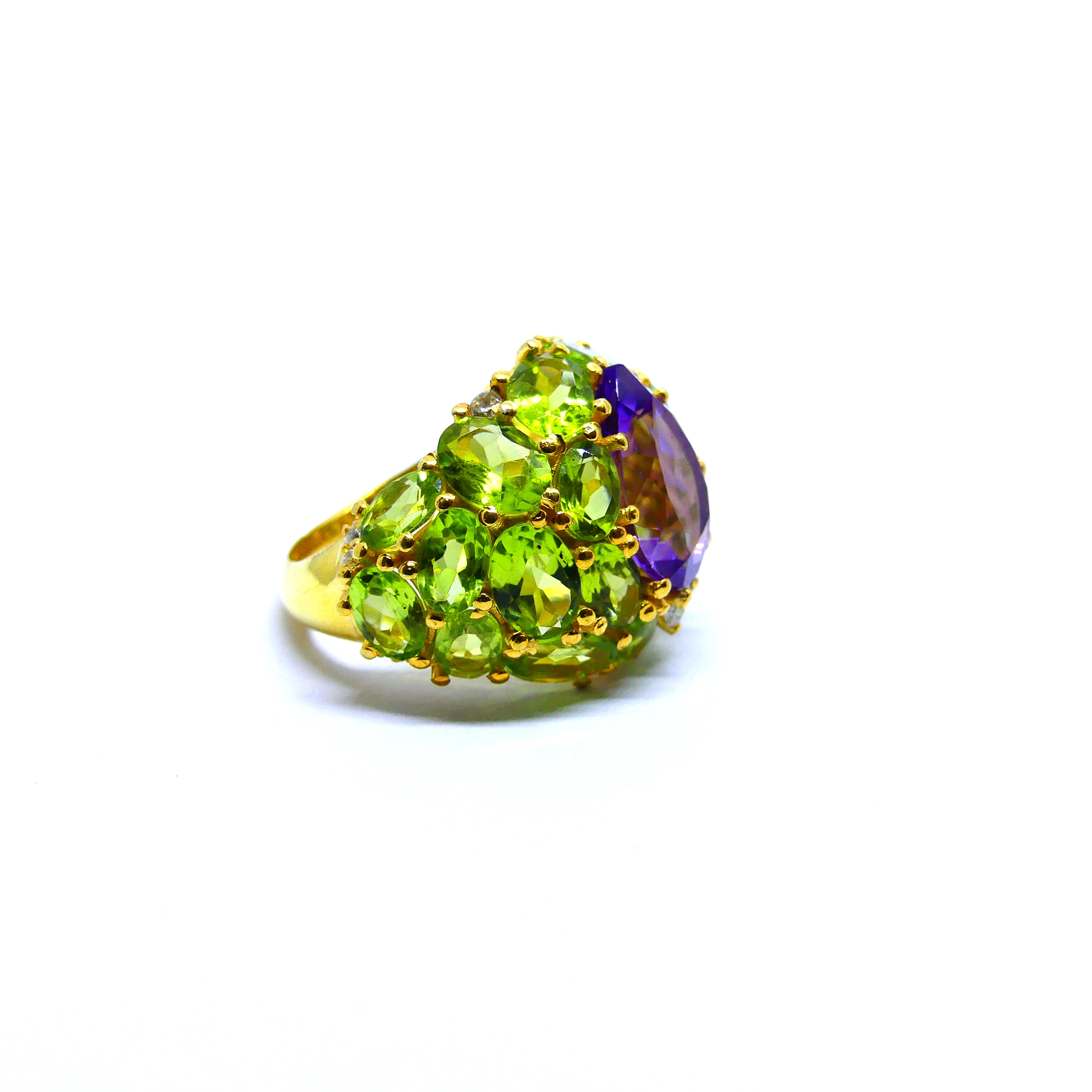 Gold Plated 925 Sterling Silver Fashionable Trendy Cocktail Amethyst Gemstone Ring