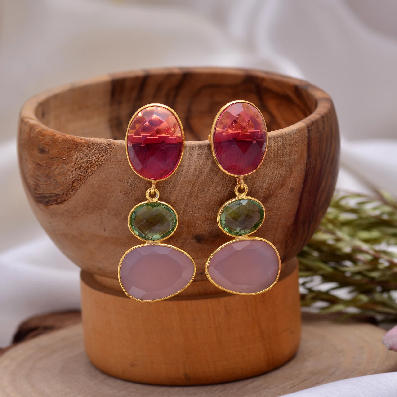 Newest Selling Jewelry Natural Pink Tourmaline & Chalcedony Green Amethyst Gemstone 925 Sterling Silver Gold Plated Drop Earring