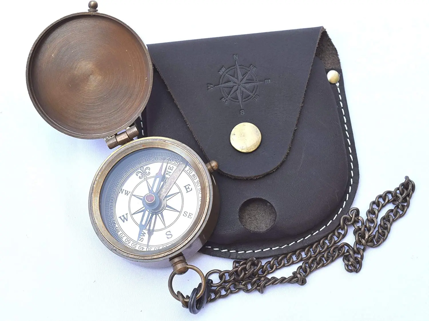 Hot Seller Antique Brass Sundial Compass with Leather Case and Chain - Push Open Compass