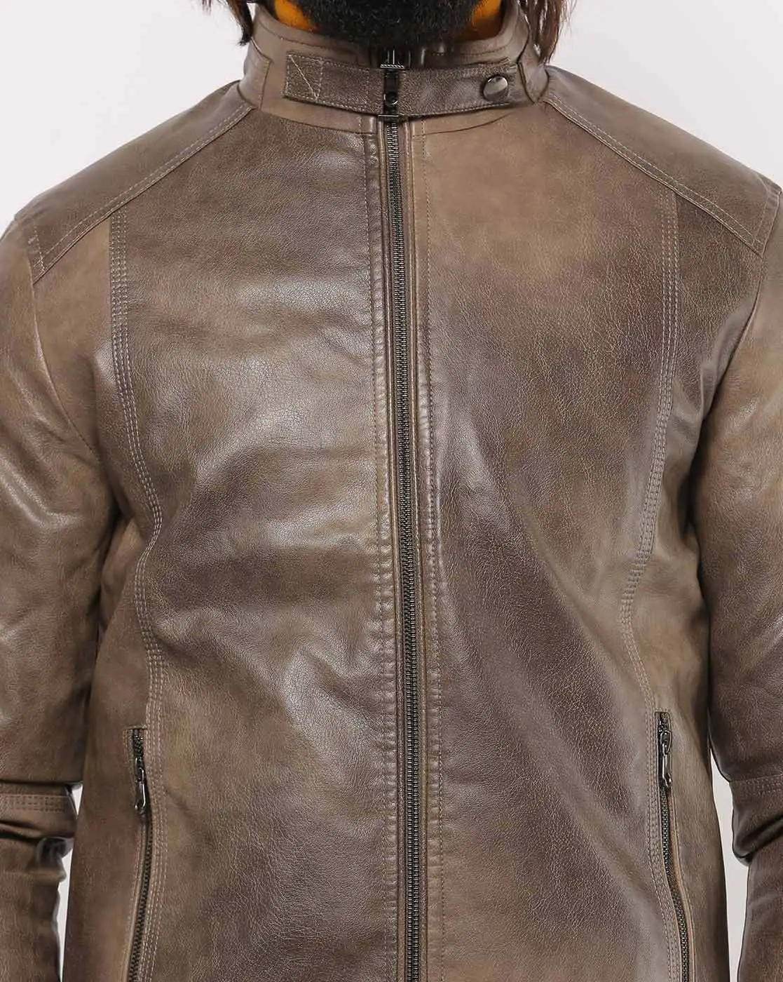 Paneled Slim Fit Zip-Front Genuine Goatskin Leather Biker Jacket For Men Fashion 2022 Clothing