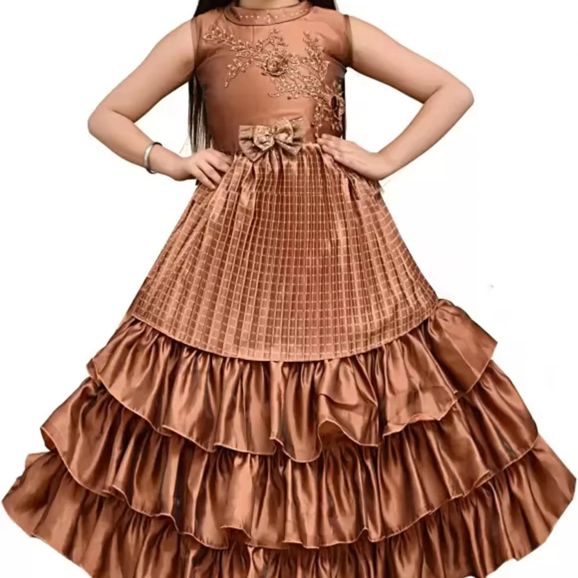 Best Quality Trending Design Blackberry Patch Work Floor Length Long Gown Dress For Girls 3 - 15 Years In Stock Item