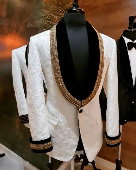 NEW LATEST & TRENDY---DESIGN OF ZARI EMBROIDERY ON WHITE BLAZER ,SHIRT WITH PANT TUXEDO SUITS for PARTY-WEAR/WEDDING @ 2024