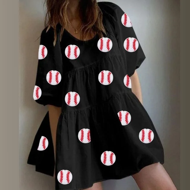Buy Sequin Patches Dress With Custom Balls Patches Perfect For Game Day Summer Western Style Sequin Baseball Print Women Dress