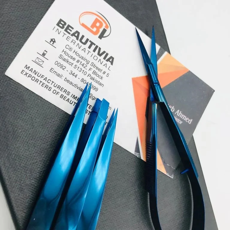 Brow Tweezer Blue Plasma Cosmetic Tweezers Wholesale Stainless Steel Slanted Pointed Eyebrow Tweezers Scissors set