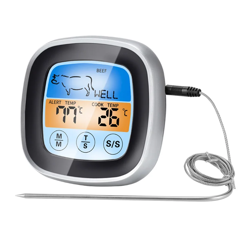 BBQ Digital Grill Meat Roast Thermometer Timer LCD Touch Display 5 Cooking Level Attached with Strong Magnet Backlight