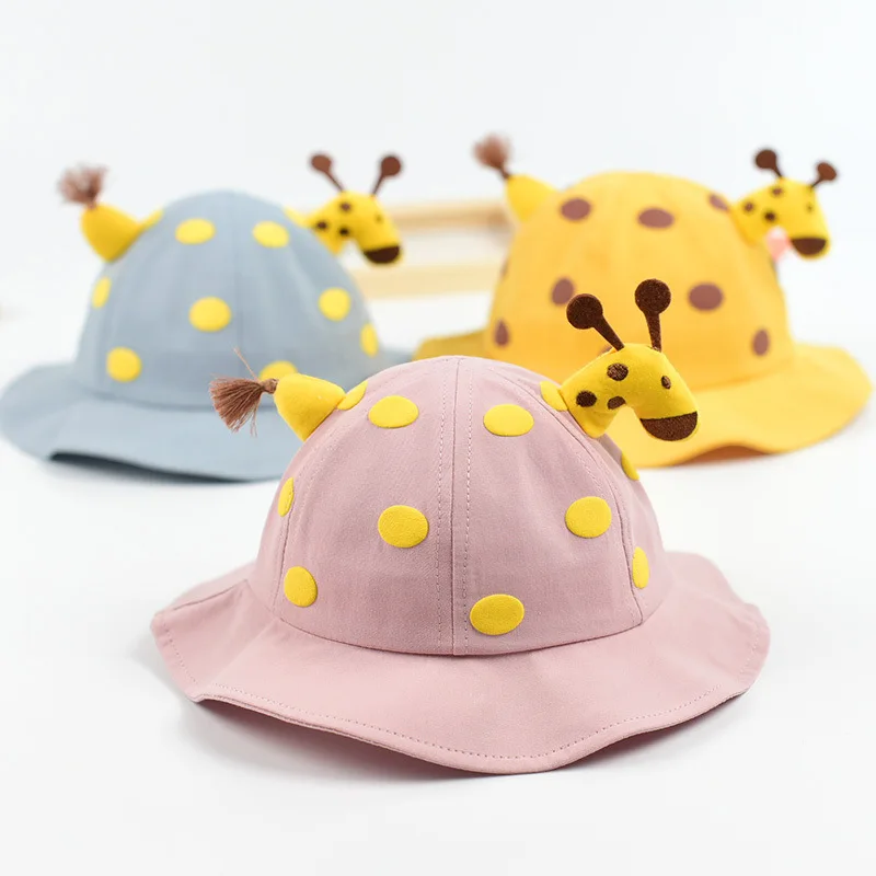 Summer Windproof Boys Girls Fisherman Sunhat Baby bucket Hat with Cartoon giraffe for kids 1-3years