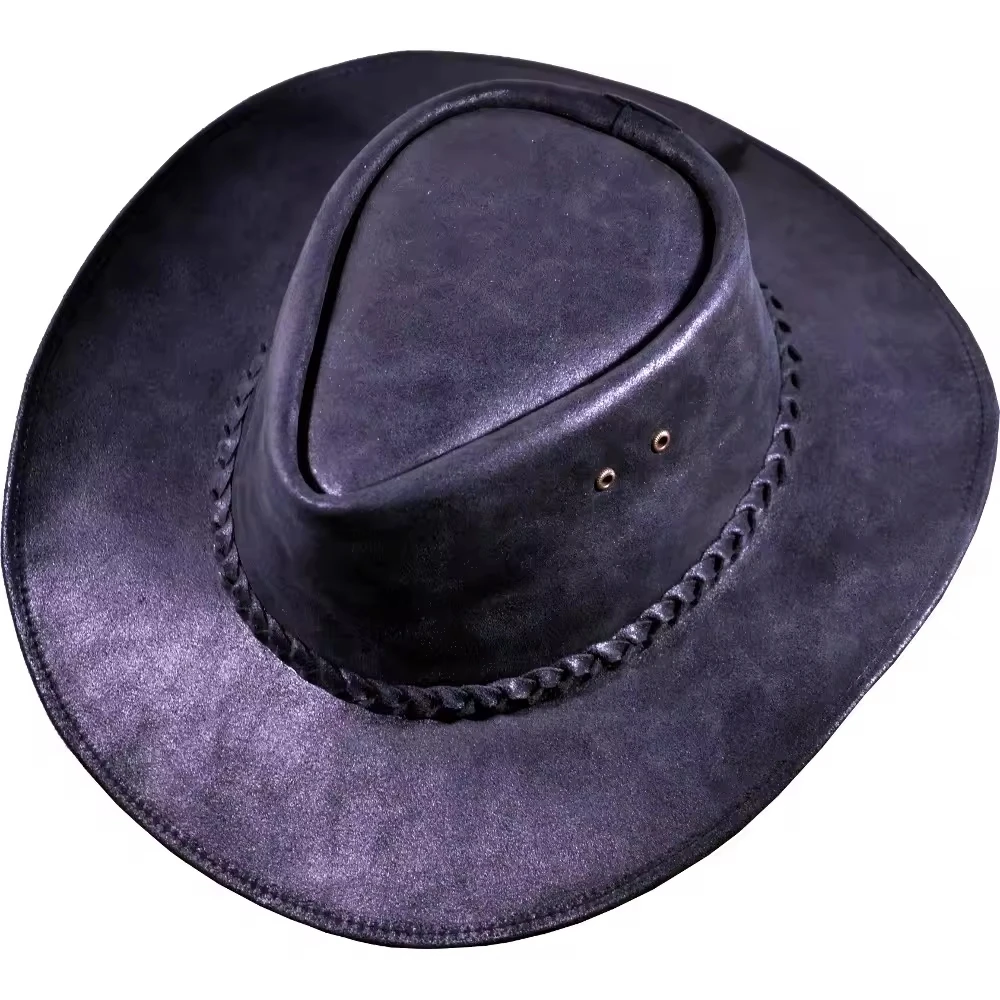Western Cowboy Hat Cowhide Leather Hair On Hide Crown Pull Up Cow Leather Hats For Mens Custom New Fashion Headwear