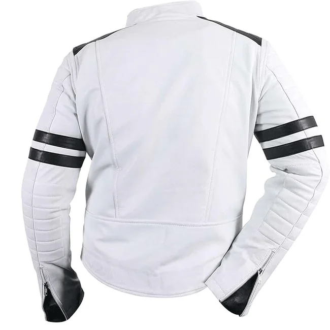 Motorcycle Gear Original Leather Jacket  Men White Biker Jacket with Black Striped Available In All Sizes