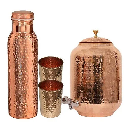 wholesale cheap100% Ayurveda Copper Hammered Water Pot / Healing Water Storage Tank With Copper Hammered Serving Glasses