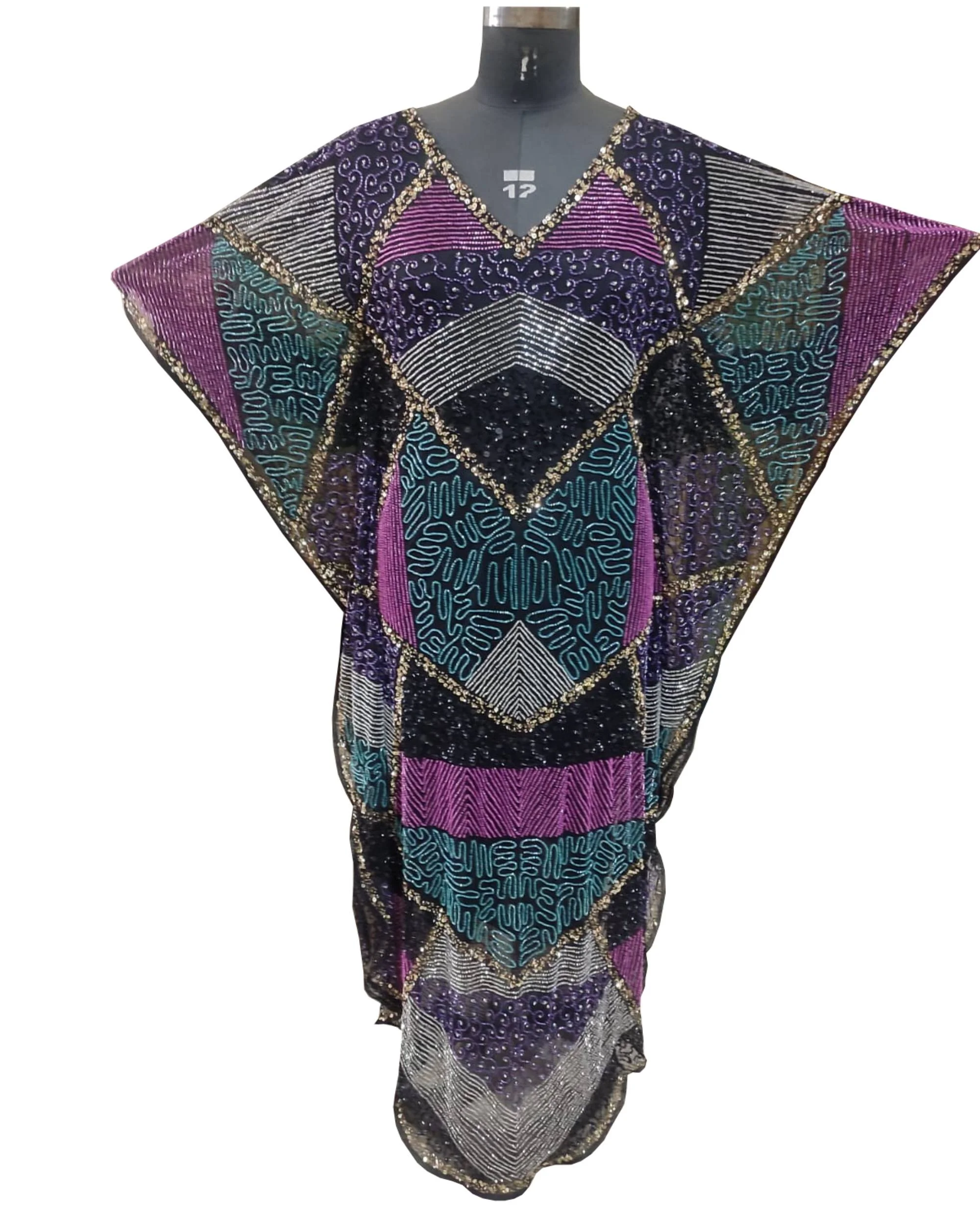 Dubai Extraordinary pretty multicoloured Arabic style kaftan free size dress with beautiful 100% handmade embroidery