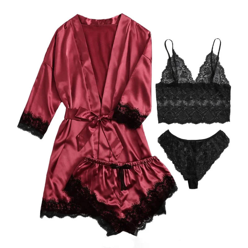 mature women erotic lingerie set 4pcs Silk Satin  Lingerie Floral Lace Cami Sleepwear with Robe