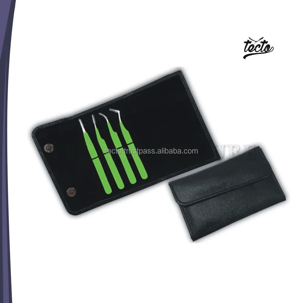 professional Eyebrow Tweezers Kits Green Handle Grip With Leather Pouch Manicure Beauty Eyebrow Tweezers