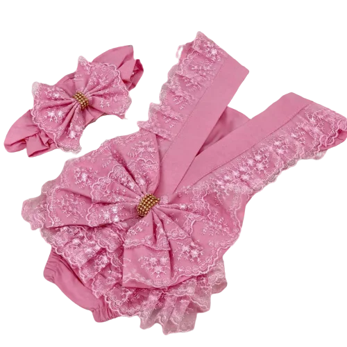 Adorable Pink Lace Baby Romper with Bow and Headband  Perfect Newborn Outfit for Special Occasions Cotton For Girl in Pink