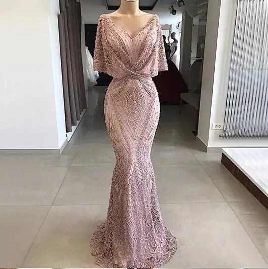 Dubai Pink V-Neck Lace Evening Gowns 2020 Half Sleeves Mermaid Sexy Elegant Formal Evening Dresses