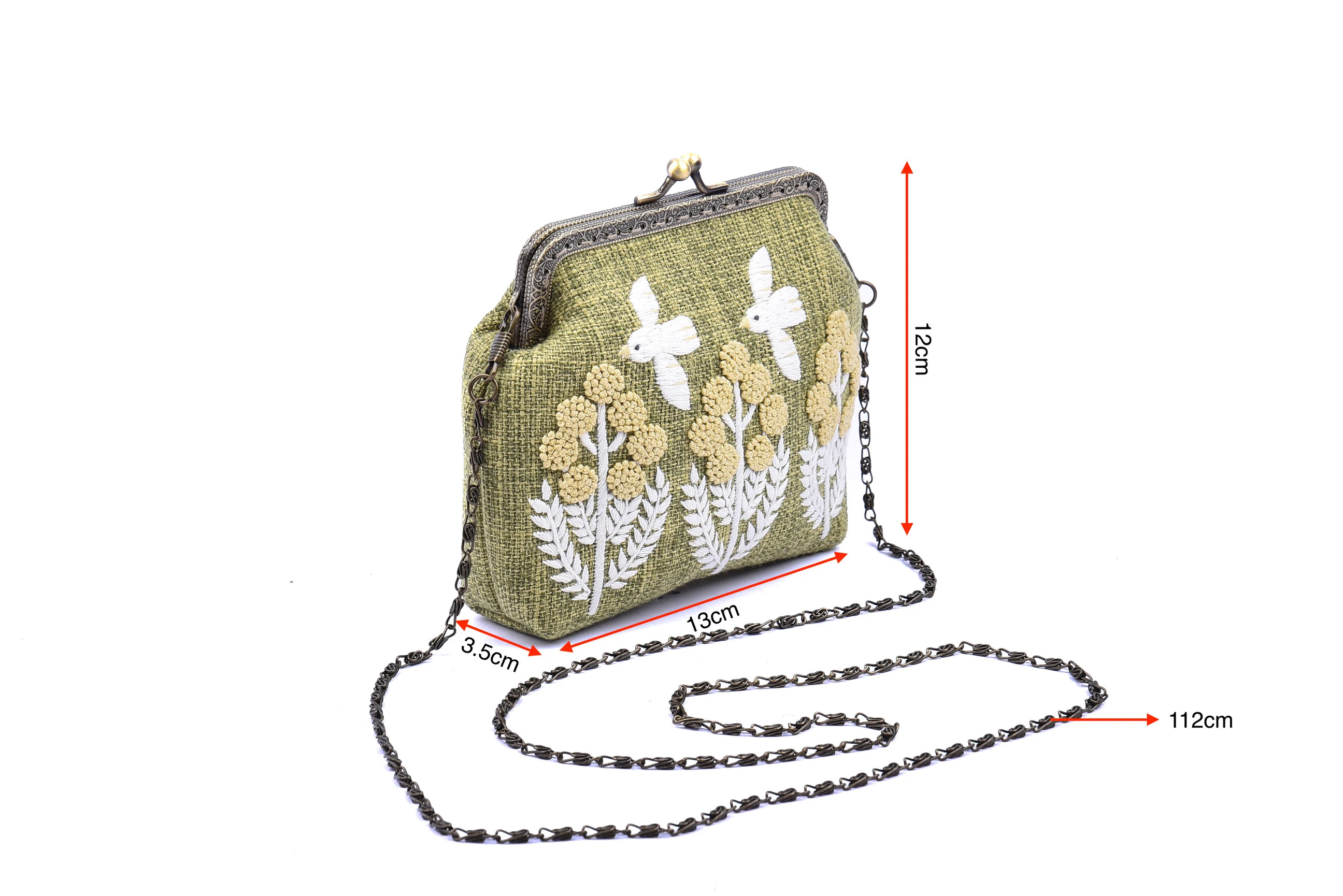 Small Hemp Bag with Copper Binding Straight Hand Strap Sequin and Glass Bead 3 Branches 2 Birds Embroidery Chain Shoulder Strap