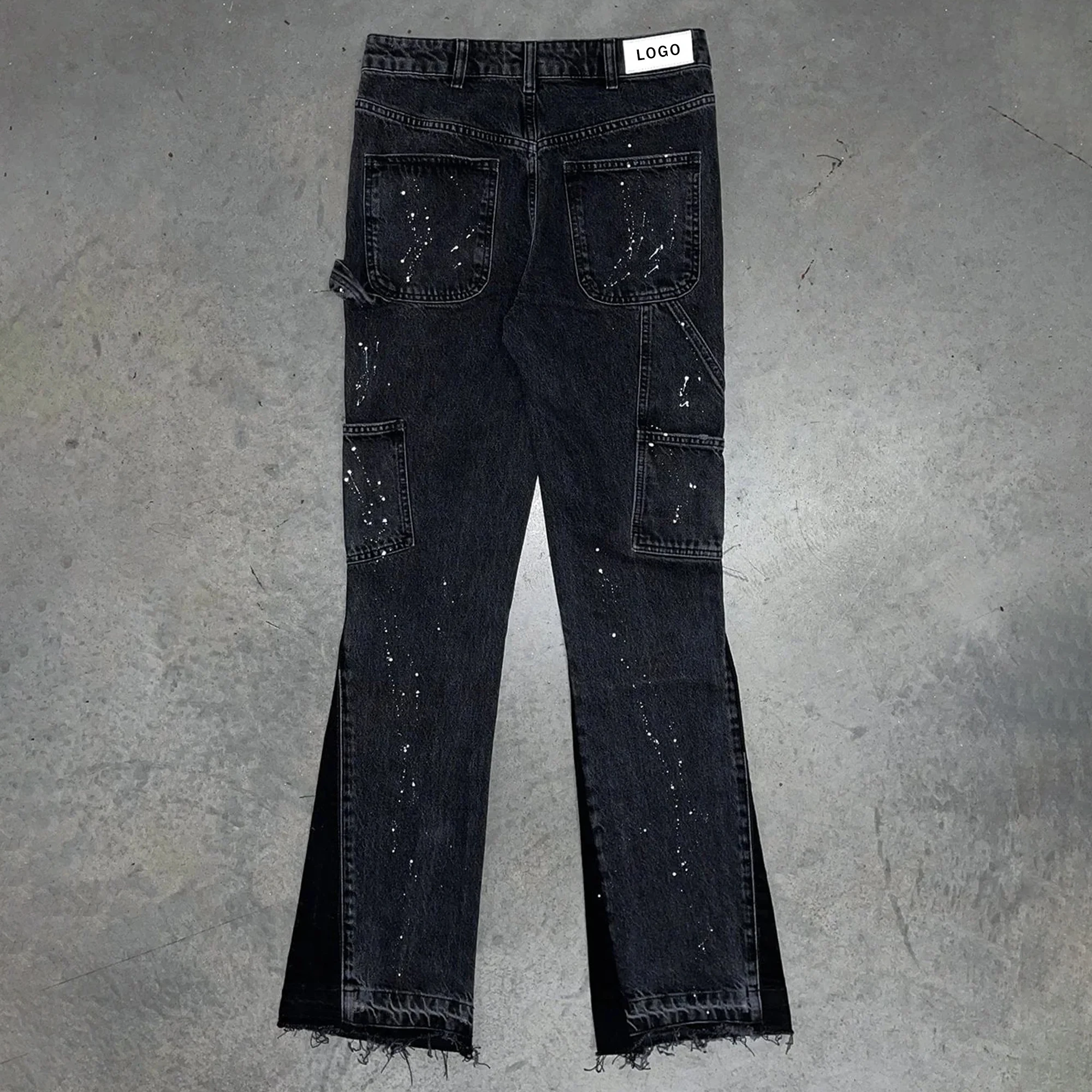 Fashion Custom Black Splattered Slim Fit Washed Pants Skinny Stacked Denim Flare Jeans Men