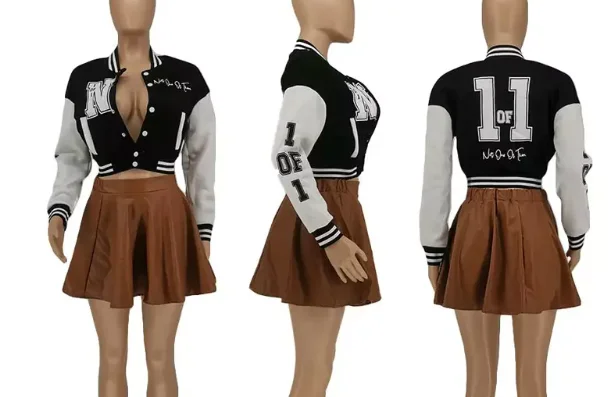 Custom Crop Letterman Varsity College Jackets in Colors for Women Ladies with Custom Chenille Embroidery Patches at Wholesale