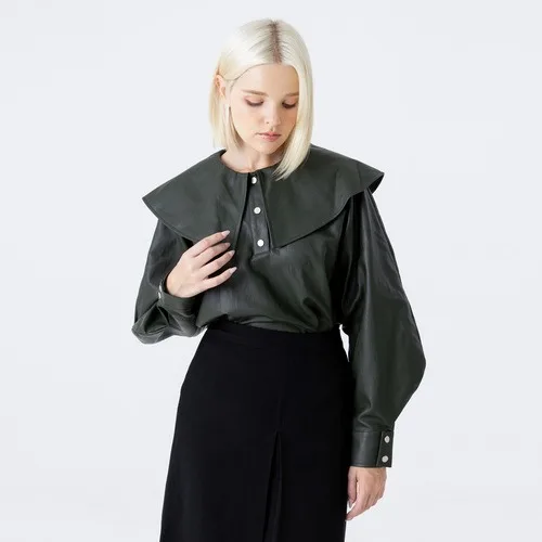 WUNDERGEIST Raglan Sailorcallor Bishop с рукавами эко-кожа хаки блузка Бесплатная корейская модная продукция оптом одежда