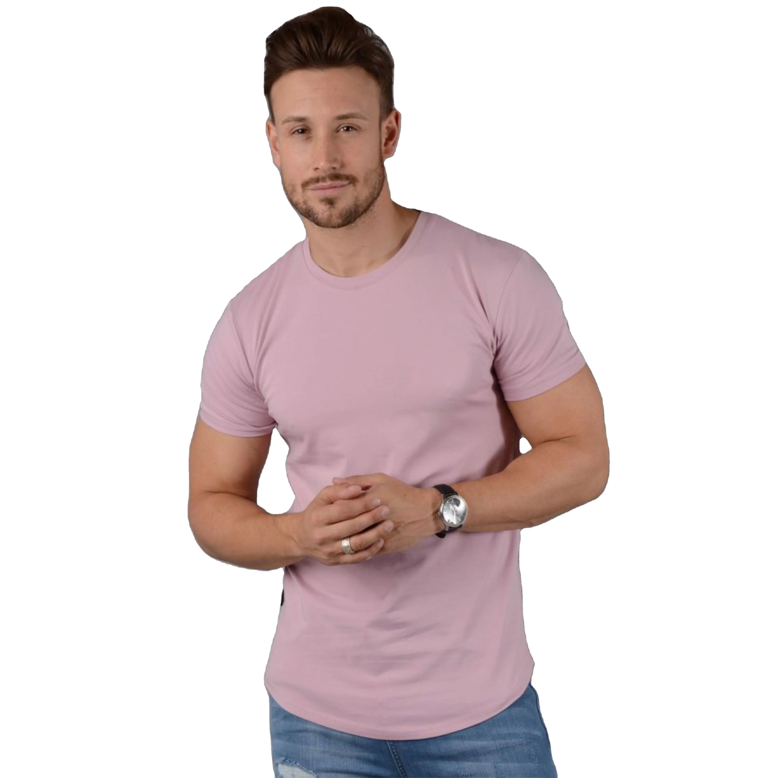 2024 New Slim Fit Longline T-Shirt: Longer Drop with Curved Hem, Muscle Slim Fitted Gym Tee, 95% Cotton 5% Elastane