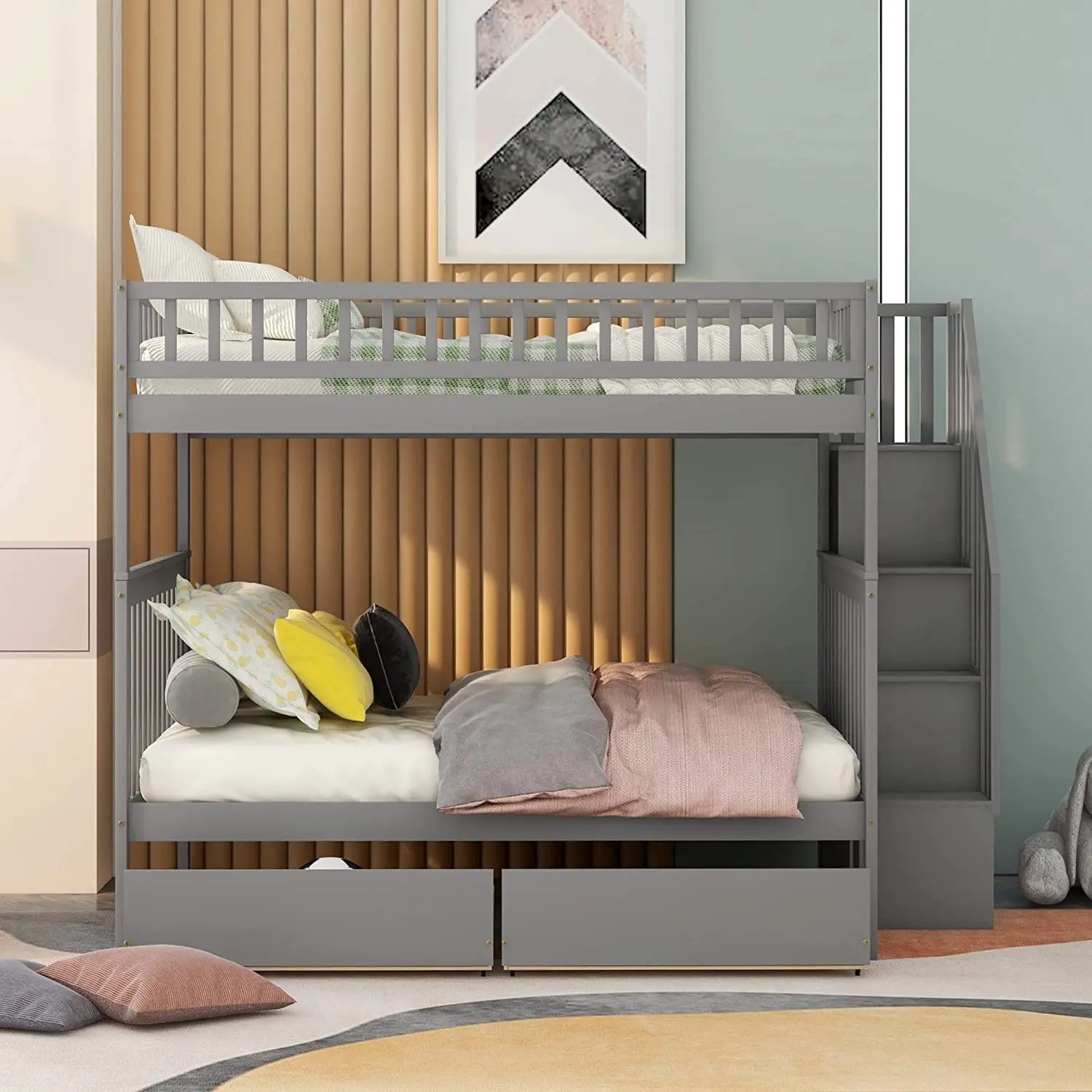 Twin Over Twin Bunk Bed with Ladders and Two Storage Drawers, Solid Wood Floor Bed frame with Guardrail, Floor Bed for Kids