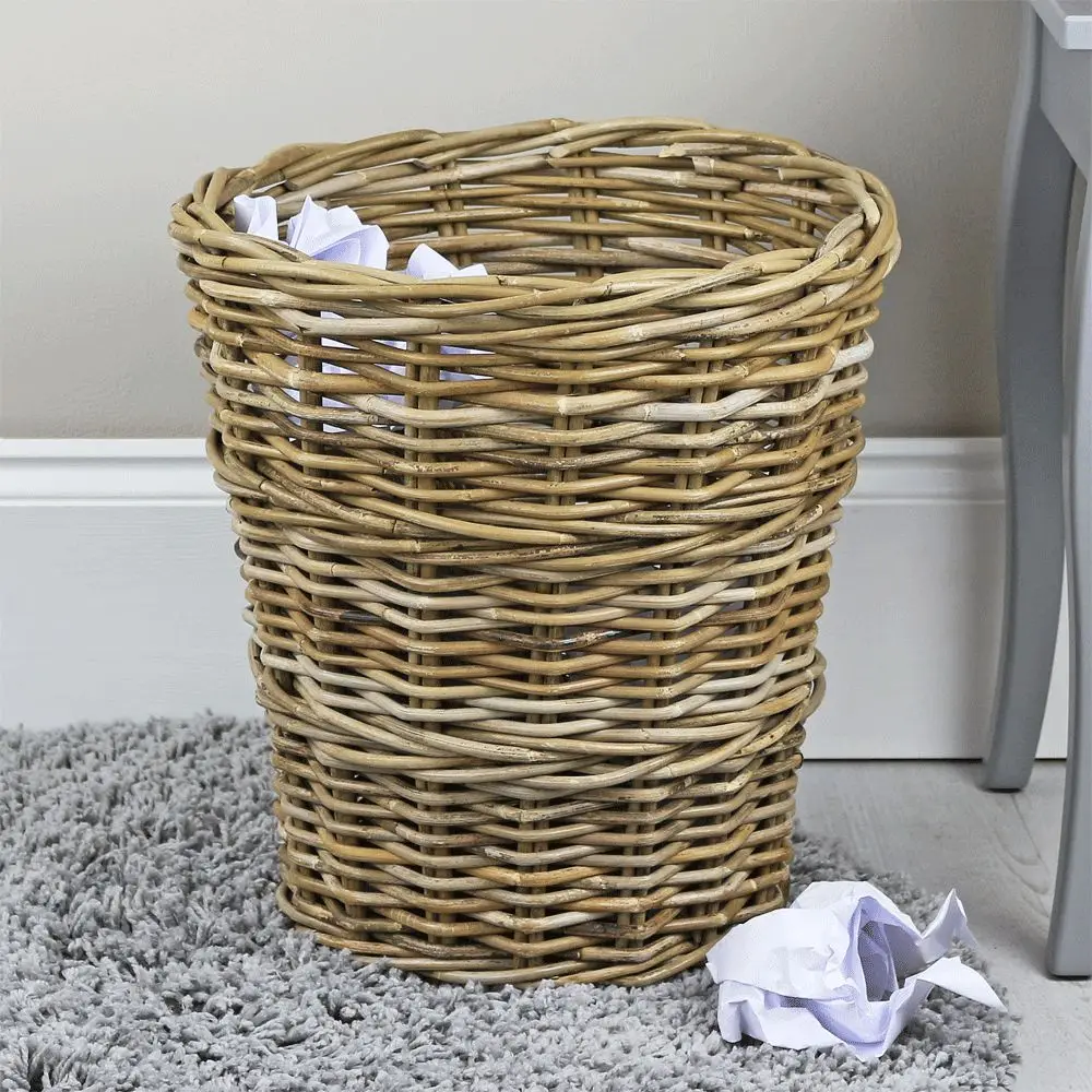 Handmade Eco-friendly Rattan Wicker Waste Paper Bin Durable Robust Storage Basket in Grey & Buff Color