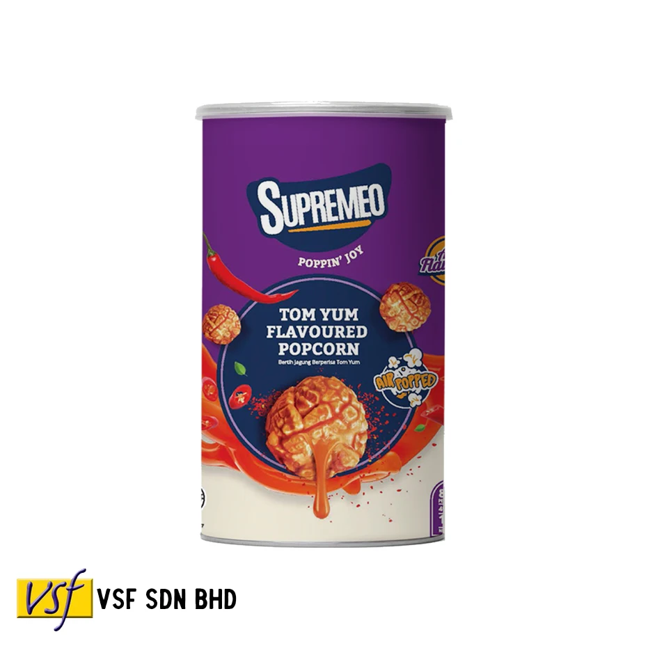 Supremeo Tom Yum Flavoured Popcorn 180g x 20 canister Always Crunchy Flavourful Air Popped Healthier Snack Low Fat Low Calories