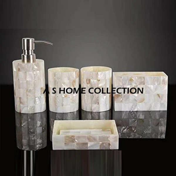 Hot Newly Product Set Pack Metal Stainless Steel Mother Of Pearl Inlay Bathroom Accessories Set Storage Basket Home Decorations
