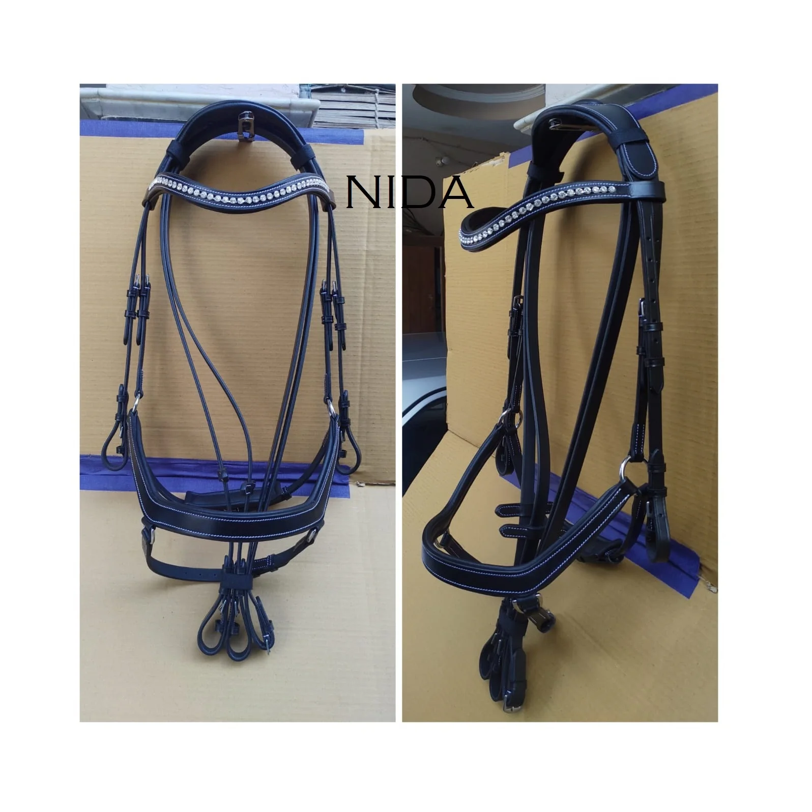 Equestrian High Quality Vegetable Drum Dyed  Leather Horse Jumping Bridle With Fancy Stitched Included Rubber Rein. horse