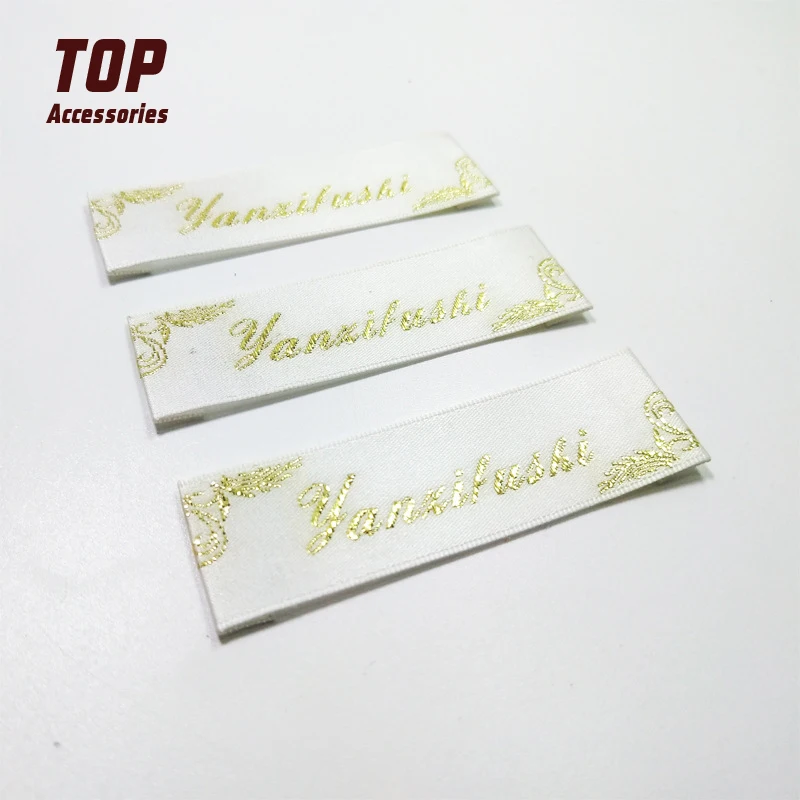Cheap Custom Logo Damask Woven Neck Label with Golden Silk Thread
