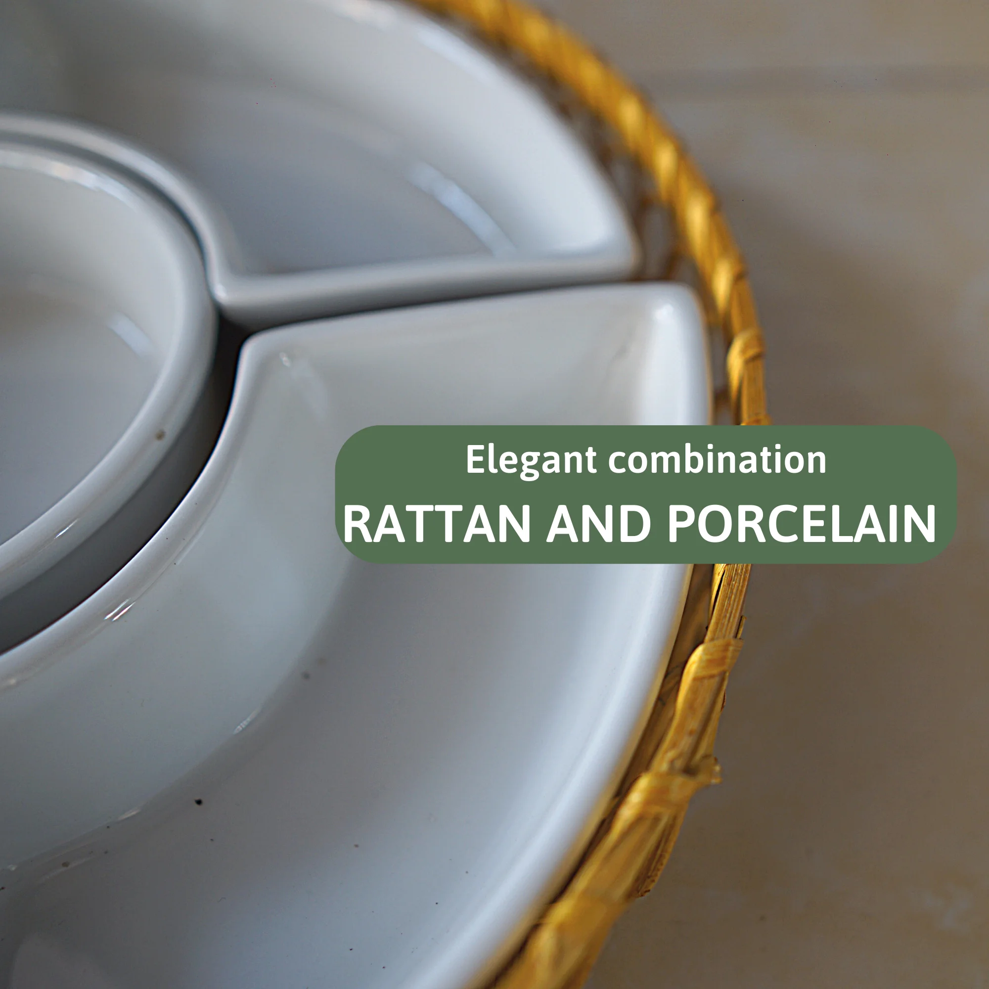 Newest Design Porcelain Mixed Rattan Dips & Chips Tray, 2023 Hot Selling Rustic Buffet Serving Tray