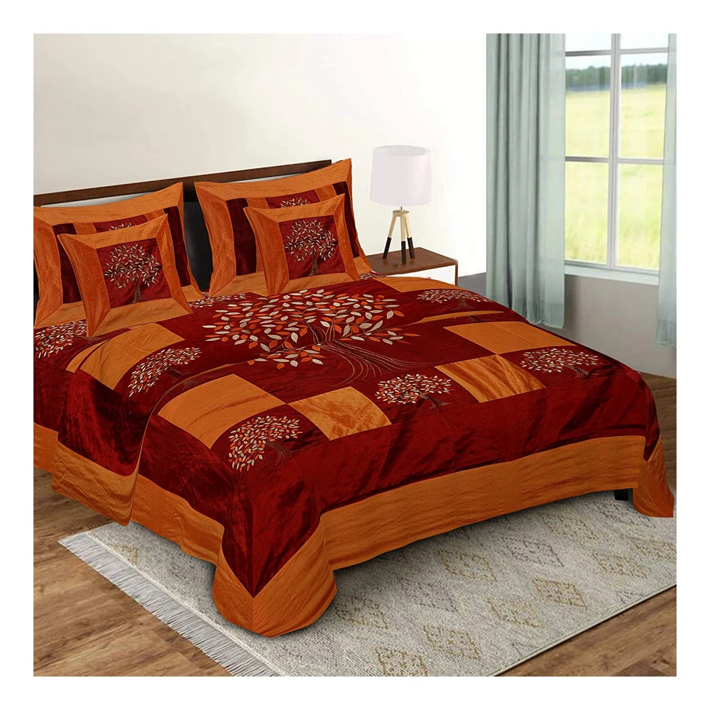 Silk Double Bedding Set 1 Bedsheet Embroidery Work 2 Pillow 2 Cushion Cover Mustard Color Tree of life Bed Cover Set of 5 Pieces
