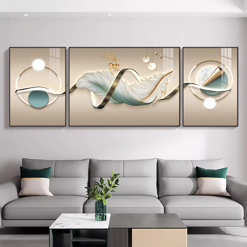 Modern Luxury Crystal Porcelain Decoration Painting HD Prints  Feather Canvas Painting Living Room Home Decoration Mural