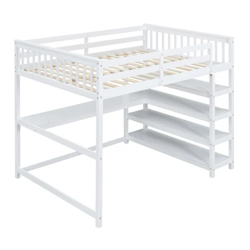Loft Bed with Storage Shelves and Under-bed Desk, White, High-end multifunctional wooden bed from Vietnam for global importers