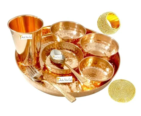 New Arrival Copper thali set with Bowl & Glass set of Pure Copper Dinner Set Plate Bowls Spoon Fork Glass Diameter 12 Inches