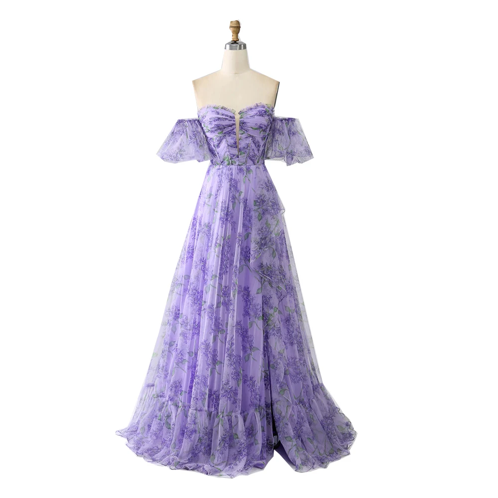 Printed Lavender Off the Shoulder A line Prom Dress Ruched Long Evening Dresses with Slit