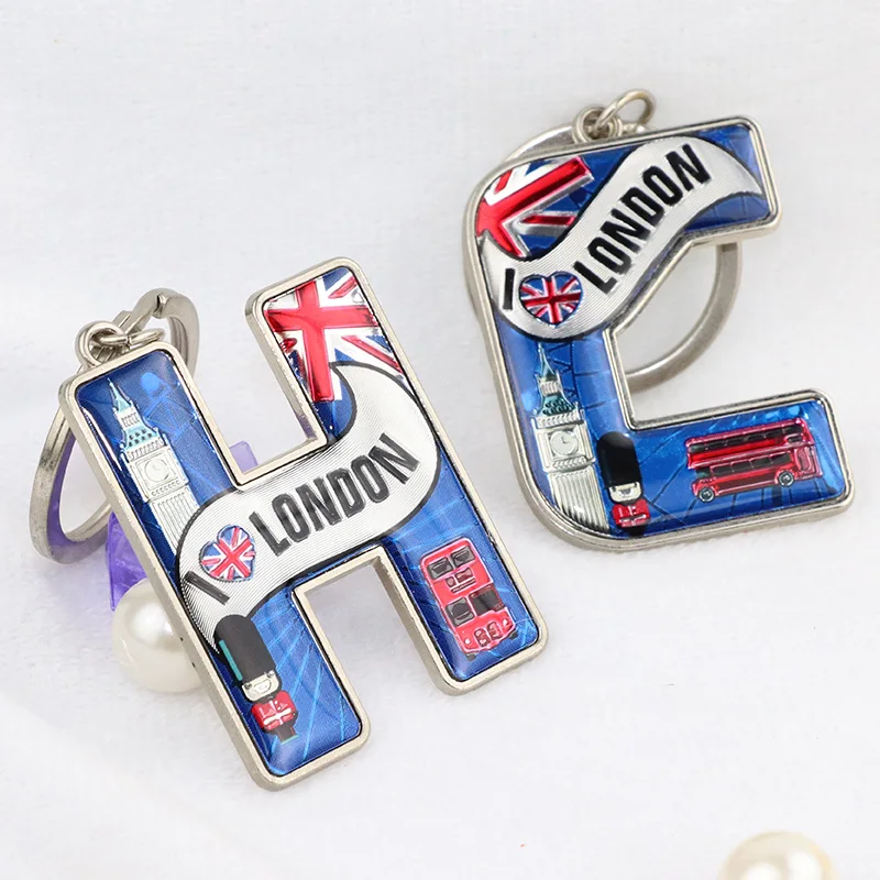 Custom Epoxy Keychain London Souvenir English Metal Alphabet Letter Initial Keychain Key Rings