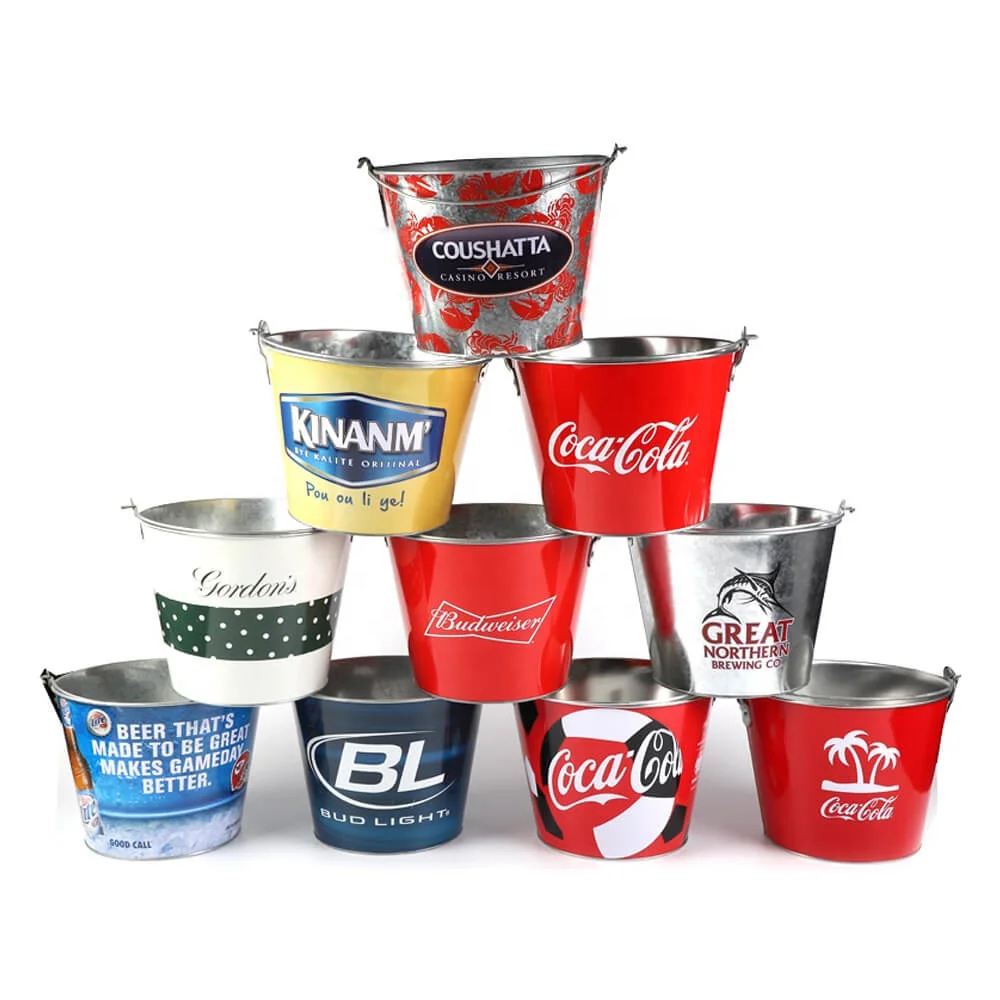 OEM Custom 5L Round Metal Beer bucekt Galvanized Ice Bucket with Bottle Opener and Handle for 6 Bottles of Beer Champagne