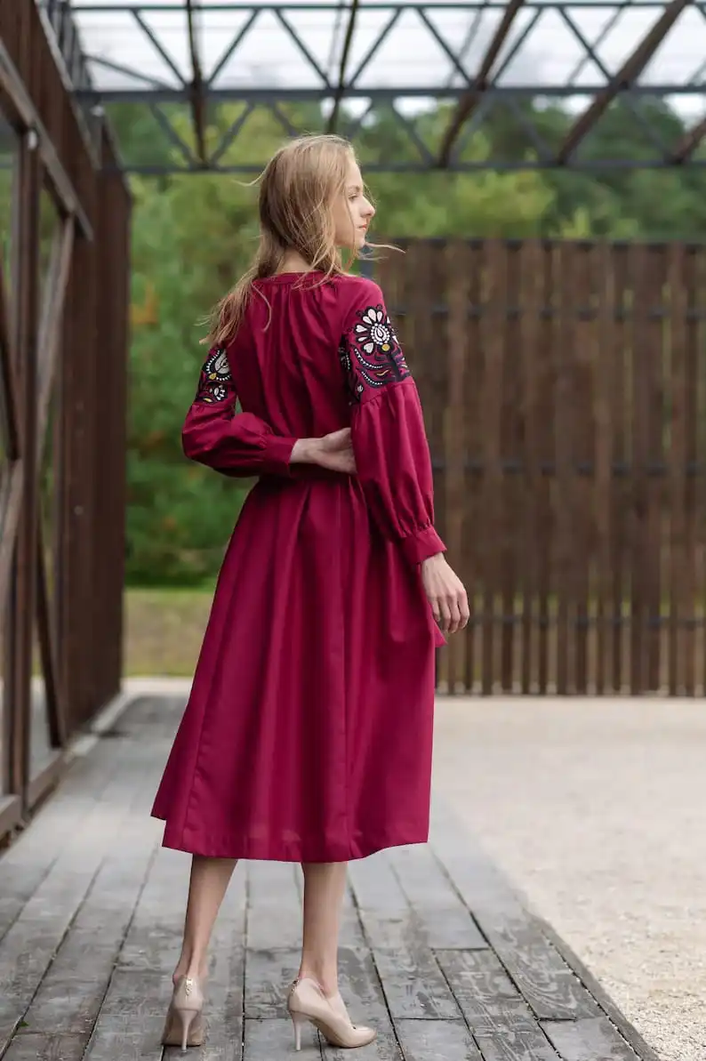 excellent very nice soft linen fabric winter dress fully floral embroidered puff sleeve long ukrainian dress party wear style