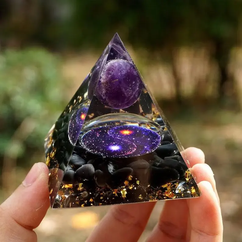 Handmade Galaxy Crystal Orgone Pyramid-Amethyst Obsidian Balance Reiki Meditation Orgonite Positive Energy Generator Healing EMF