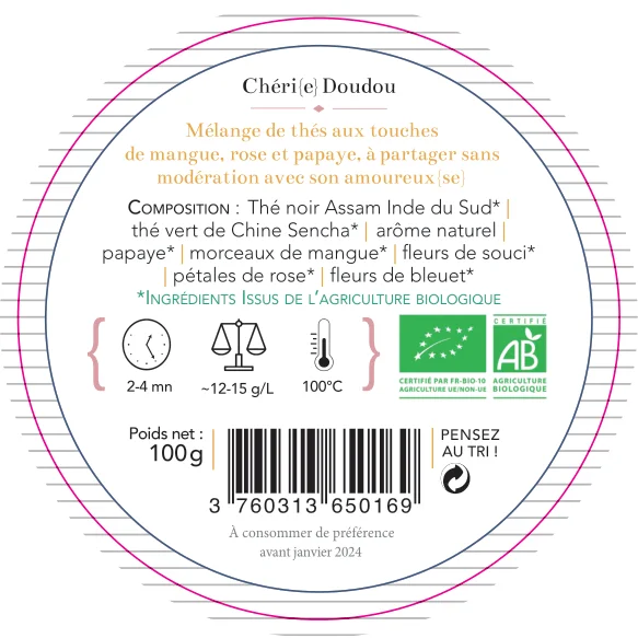 FINES SAVEURS DES ILES LOVERS EXOTIC TEA  CHERI DOUDOU BIO  Metal Box 100G Black Green Tea exotic fruits flowers