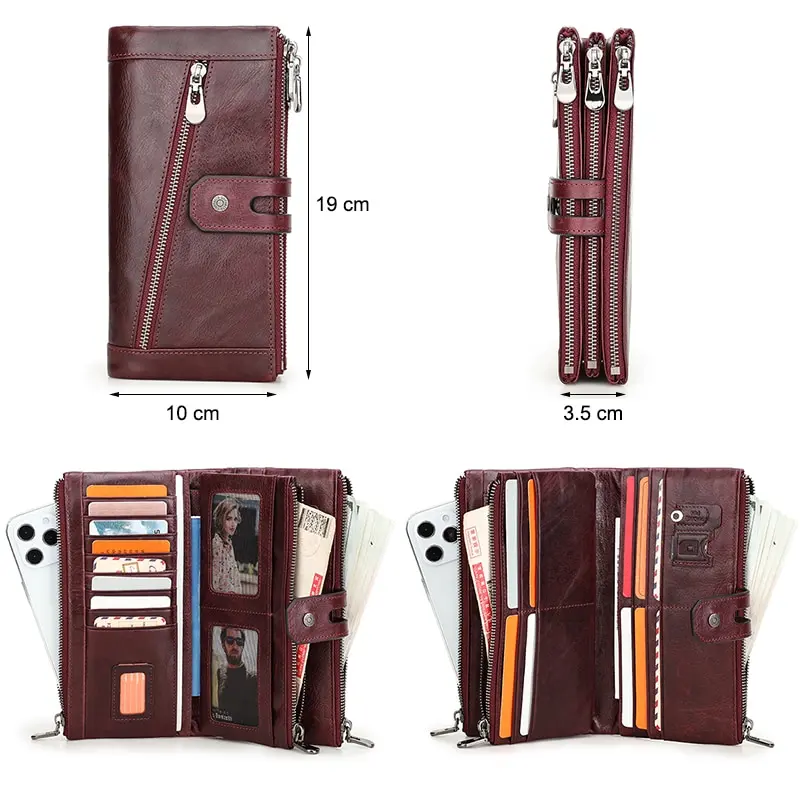 Long Wallet Women Genuine Leather Metal Frame Credit Card Holder Hasp and Zipper Woman Phone Purse 4 Color