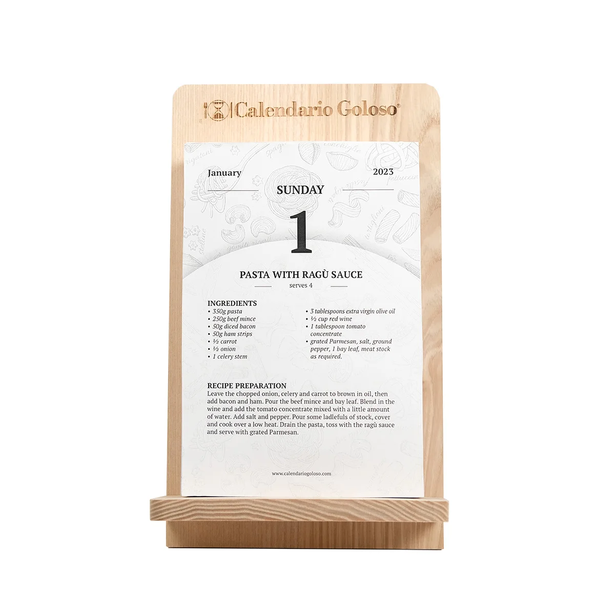 2023 calendar with 365 italian pasta recipes. Calendar with wooden support. Each day a new traditional pasta recipe