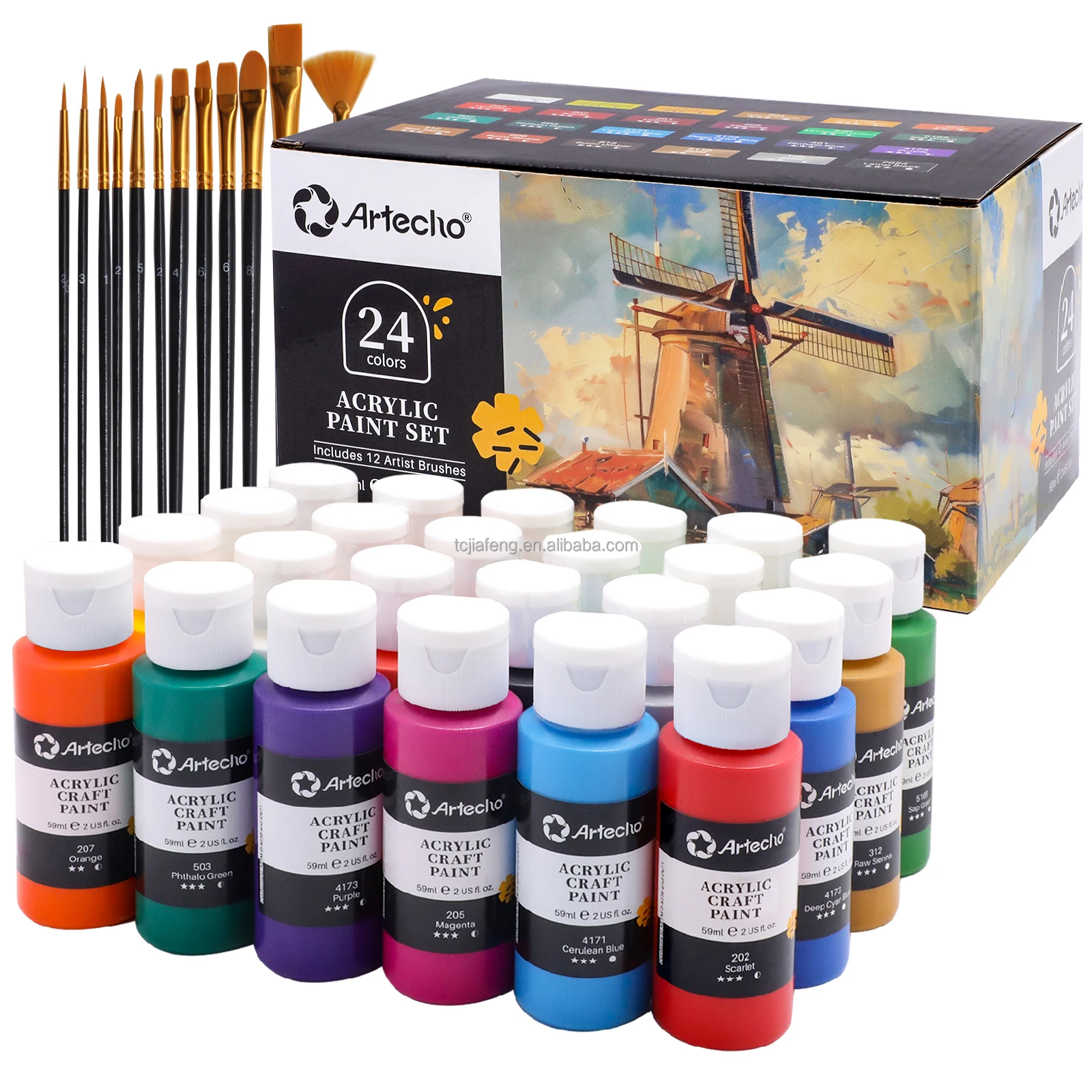 Artecho 24 Colors (59ml / 2oz) with 12pcs brushes  Art Craft Paints for Canvas, Rock, Stone, Wood, Fabric, Acrylic Paint Set